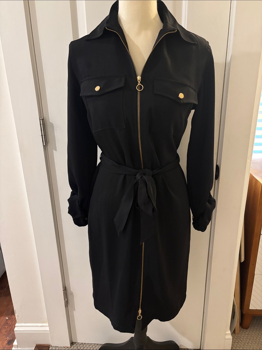 Calvin Klein Black Zip-Front Midi Shirt Dress with Tie Waist